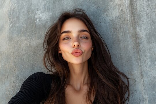 Young woman posing playfully against a textured wall with a light expression during the daytime