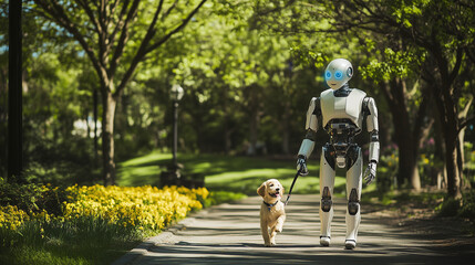 Fototapeta premium A robot is walking a dog at the park. 