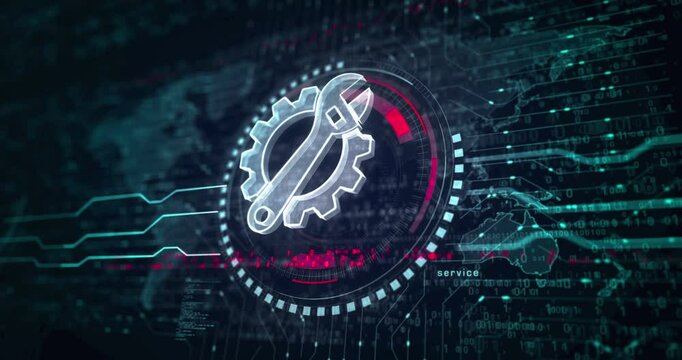 Management setting gear maintenance and fixing symbol abstract digital concept. Global network and cyber technology background seamless and looped 3d animation.