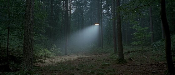 Obraz premium A beam of light penetrates a dark, dense forest, evoking mystery and intrigue amid towering trees and misty ambiance.