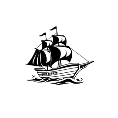 A minimalist black and white drawing of a sailing ship, waves, and the letter