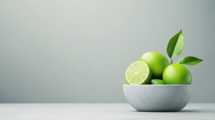 Freshly gathered limes in a minimalist bowl on a light-colored surface showcasing vibrant green hues