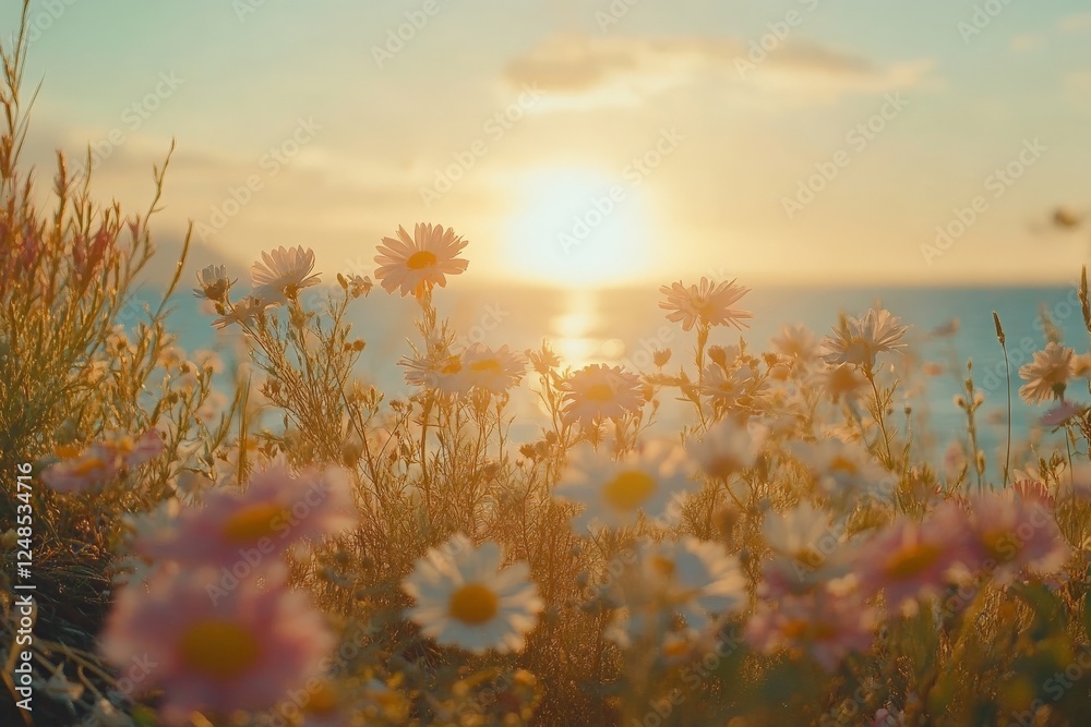 Aufkleber sunset over a blooming field of daisies by the seaside with soft colors illuminating the sky