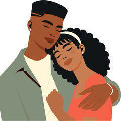 Beautiful black couple of lovers hugging, cartoon illustration