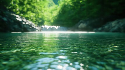 Fototapeta premium Tranquil river surrounded by lush greenery under bright sunlight near a rocky landscape in the heart of nature's pristine beauty
