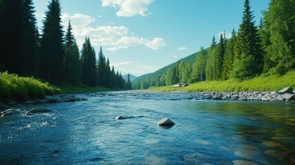 River flows gently through a lush valley surrounded by towering trees and mountains under a bright blue sky
