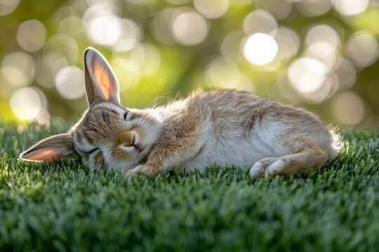 Cute young rabbit sleeping peacefully on green grass with sunlight in the background