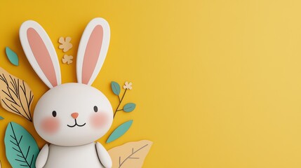 Fototapeta premium A textured illustration of a bunny with abstract leaves and flowers, arranged on a mustard yellow background with green and beige accents.