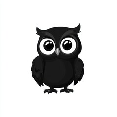 Fototapeta premium Cute black owl character with large expressive eyes standing on a white background