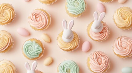 A whimsical Easter dessert scene with bunny cupcakes, styled on a cream background with subtle pastel-colored props.