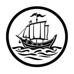 Black-and-White Ship Silhouette within a Circle