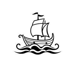 Simple Illustration of a Sailing Boat and Waves on a White Background