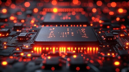 Red-lit CPU processing data, server room background