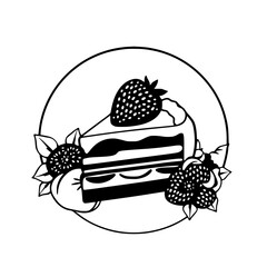Black and White Illustration of Strawberry Shortcake Slice with a Strawberry