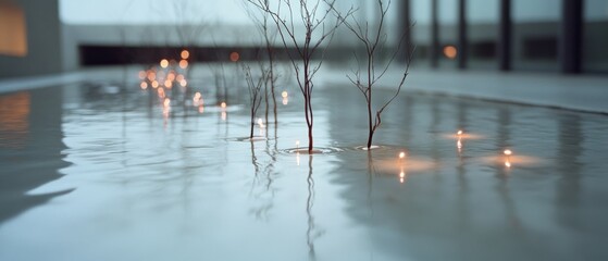 Gentle candles illuminate submerged branches in a reflective pool, crafting a scene of quiet beauty and contemplative stillness.