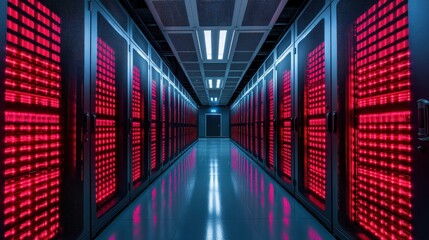 Red-lit server room; data center corridor