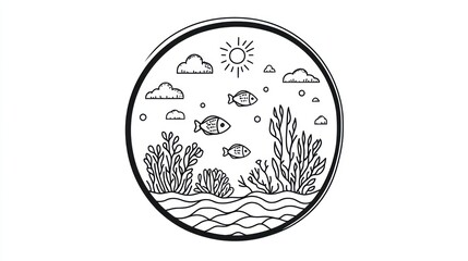 Underwater scene fish, sun, clouds, sea, illustration