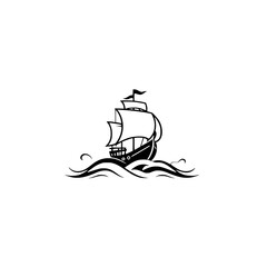 Black and white silhouette of a sailboat sailing on wavy water, illustrating adventure and travel