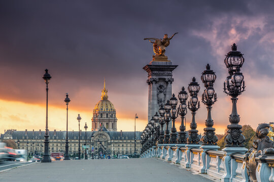 Bridge Alexandre III and Les Invalides at sunset, Paris, France
