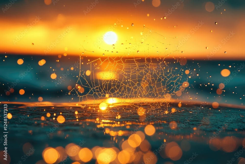 Poster dew-covered spiderweb at sunset reflecting on calm ocean water, creating a magical scene.