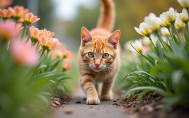 A playful orange tabby cat explores a vibrant flower path, surrounded by blooming tulips.