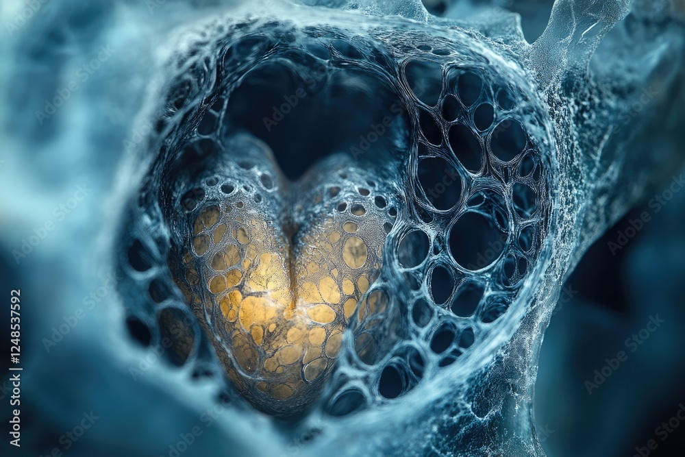 Poster A glowing heart nestled within a complex, blue, organic network, creating a mesmerizing abstract image.
