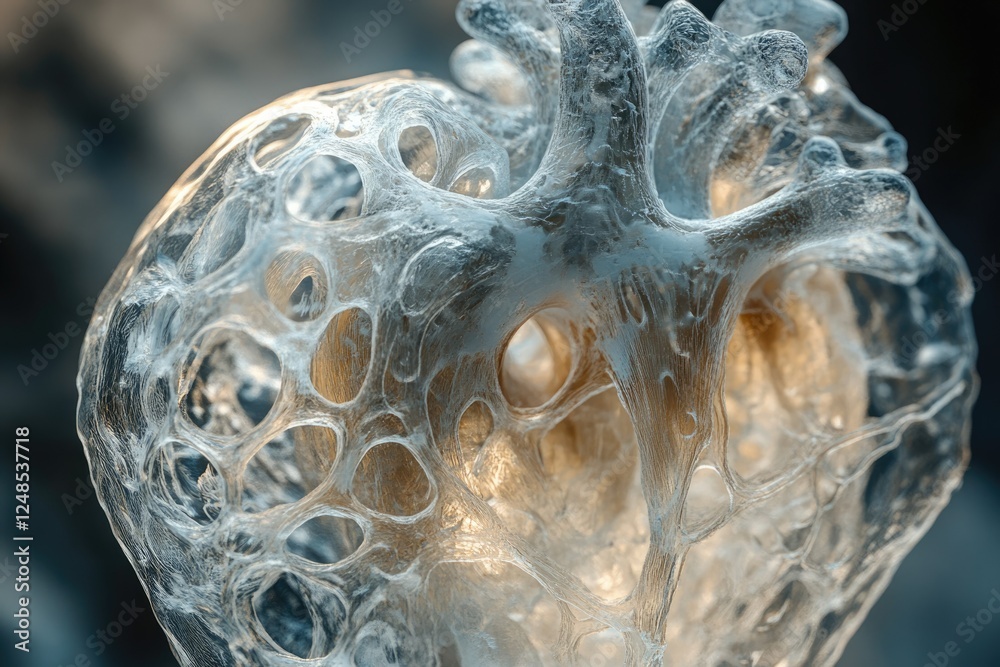 Aufkleber intricate, translucent structure resembling a porous, organic form, possibly a microscopic view or a