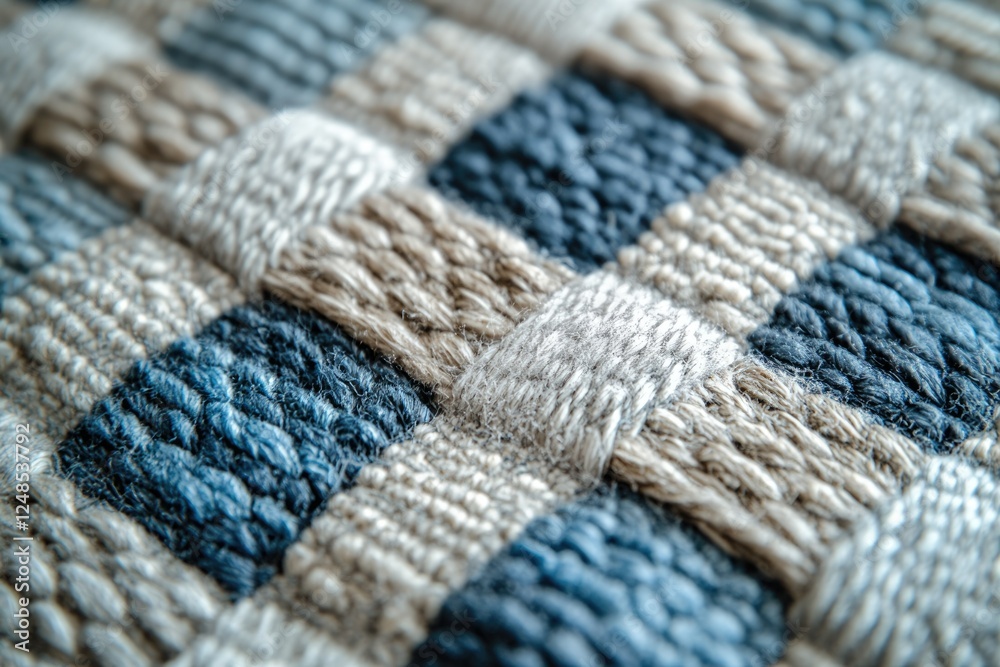 Poster close-up of woven textile with beige, blue, and grey threads in a checkered pattern.