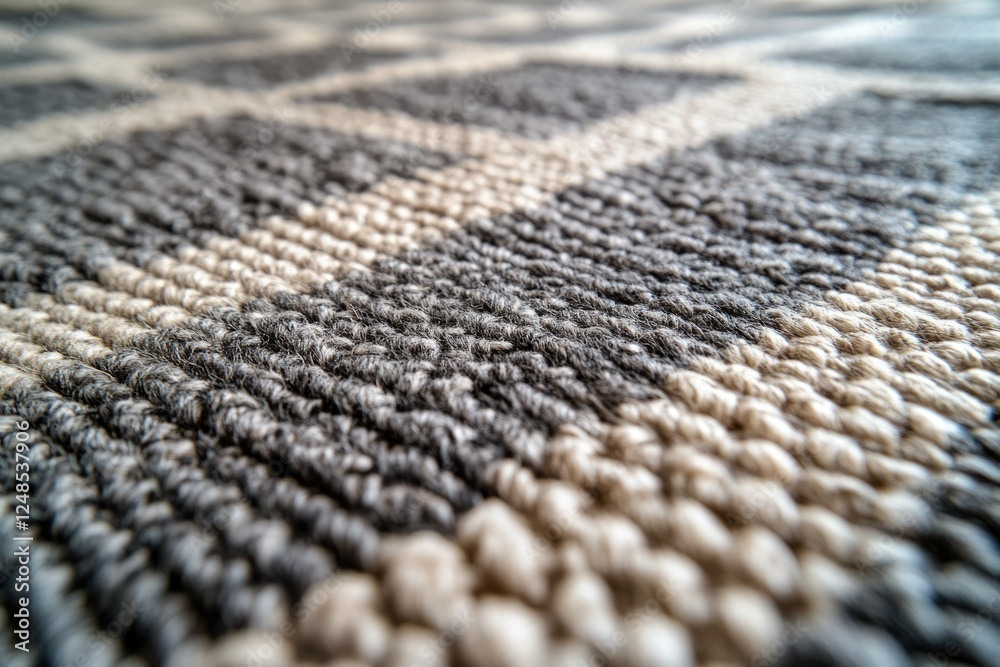 Poster close-up view of a textured carpet with grey and beige stripes, showcasing its intricate woven fiber