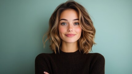 Obraz premium Portrait of a young woman with a short, wavy hairstyle and a warm smile, standing against a soft green background in a cozy indoor setting