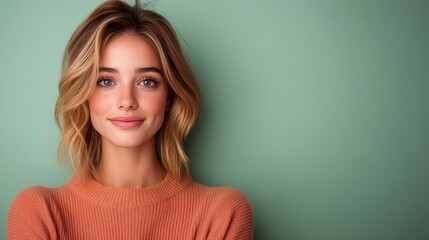 Fototapeta premium Young woman with light brown hair smiles confidently against a pastel green background during a bright indoor setting
