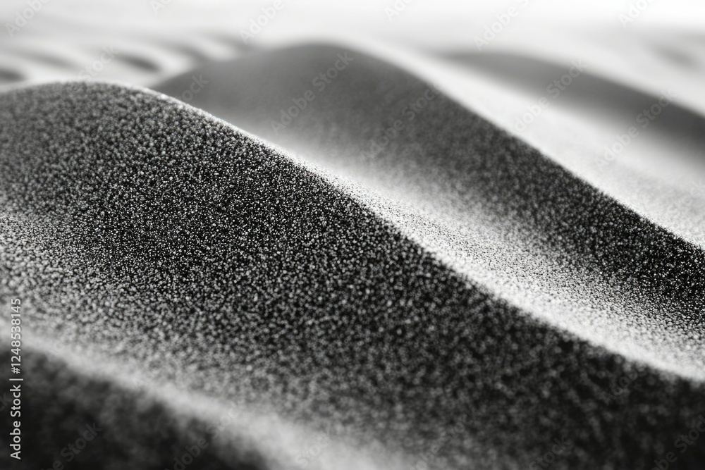 Poster close-up view of textured dark sand dunes, forming gentle waves under soft light.