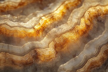 Obraz premium Close-up of layered onyx stone with warm, gold and beige hues, showcasing its intricate texture and natural beauty.