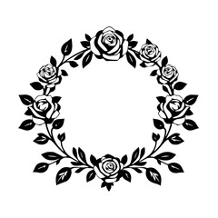 Elegant monochrome black and white floral wreath of roses with a central empty circle.