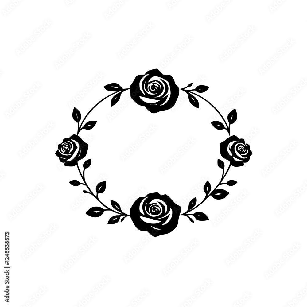 Wall mural Elegant black rose silhouette, circular wreath, with oval frame, minimalist design, white background.