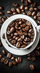 Fototapeta premium Richly Roasted Coffee Beans in a White Cup, Exquisite Coffee Bean Display