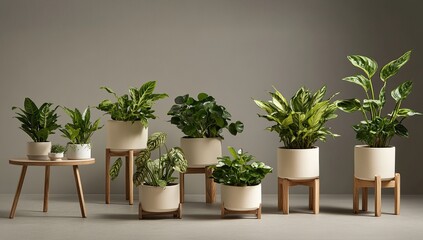 Fototapeta premium Indoor Plants: Stylish Potted Plants Decor on Wooden Stands, Enhance Home with Greenery