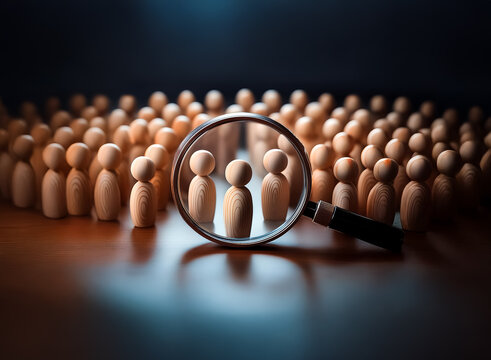 Wooden figures are highlighted with a magnifying glass, creating a double exposure effect. Focus on specific individuals from a large group concept.