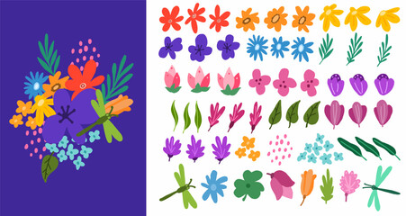 Plants and flowers. Vector colorful illustration. Set for compositions: prints, cards, fabrics, backgrounds.