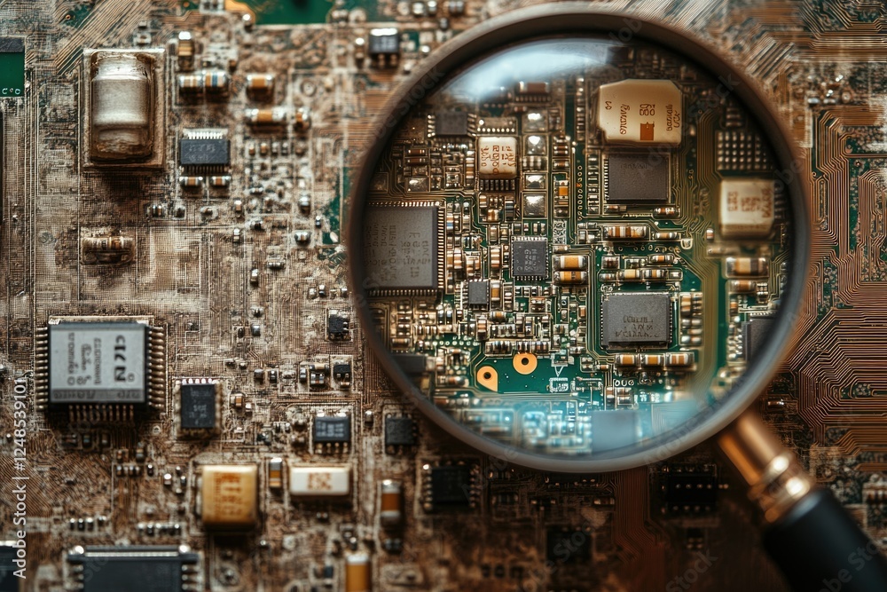Aufkleber A close-up view of a circuit board's intricate components under magnification.