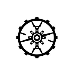 Fototapeta premium Mechanical cogwheel, black outline on white, featuring complex interlock, clock-like design, with clock hands.