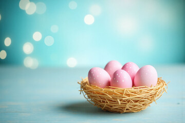 nest of straw with five pastel pink speckled Easter eggs