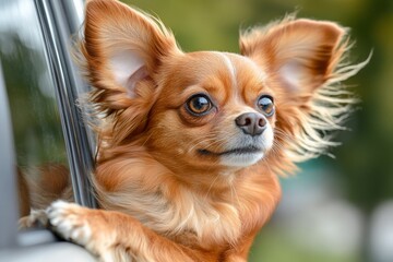 Chihuahua enjoying a ride with ears flapping in the wind at a sunny park