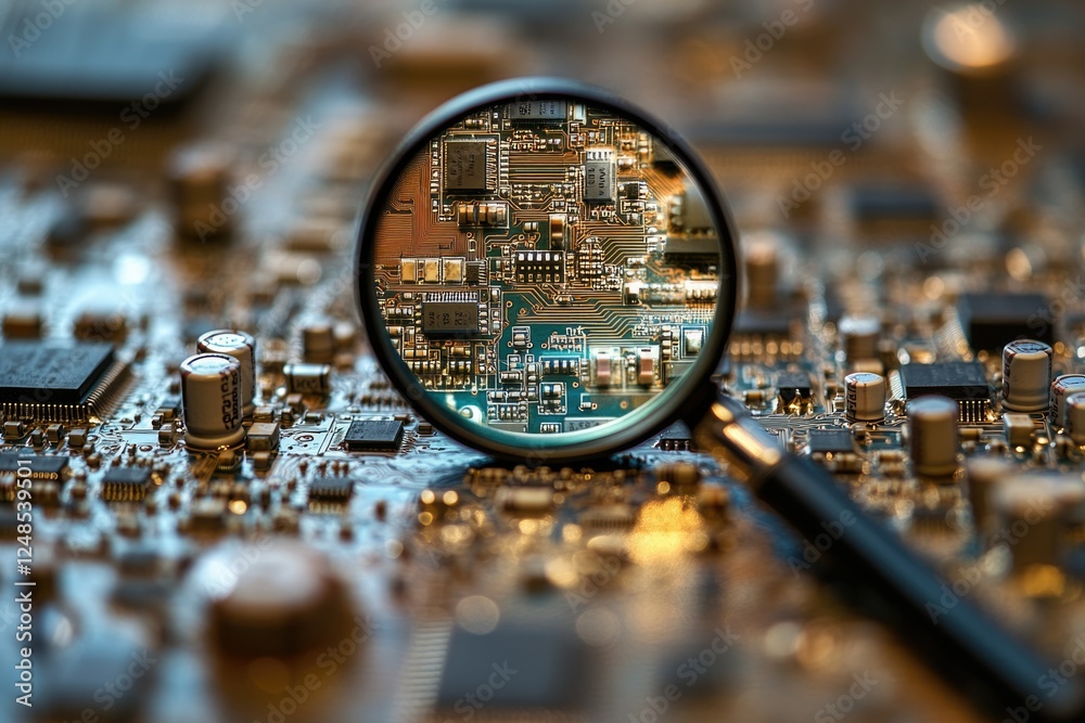 Poster Close-up of a circuit board viewed through a magnifying glass, revealing intricate electronic components.