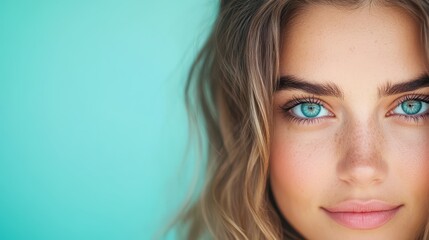 Naklejka premium Young woman with striking blue eyes and natural makeup against a turquoise background in bright daylight smiling softly