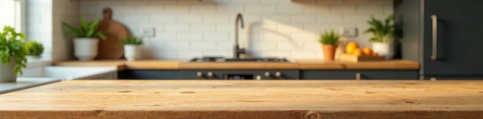 Empty wooden kitchen counter, soft focus background, setting, home, table
