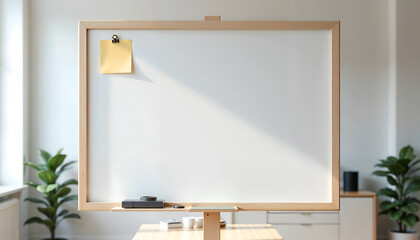Blank wooden framed whiteboard with sticky note in bright office