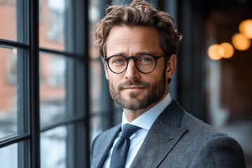 Fototapeta premium Professional man with glasses poses confidently by a large window in a contemporary office space