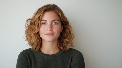 Fototapeta premium Young woman with curly hair poses in a neutral-toned sweater against a light background while showing a natural and approachable expression