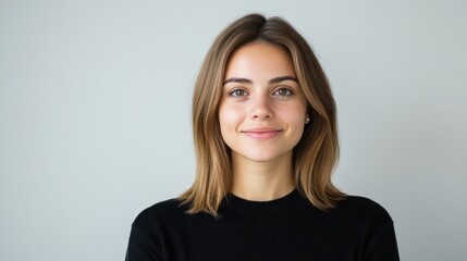 Fototapeta premium Young woman with shoulder-length hair smiling against a light grey background in a casual black sweater during midday